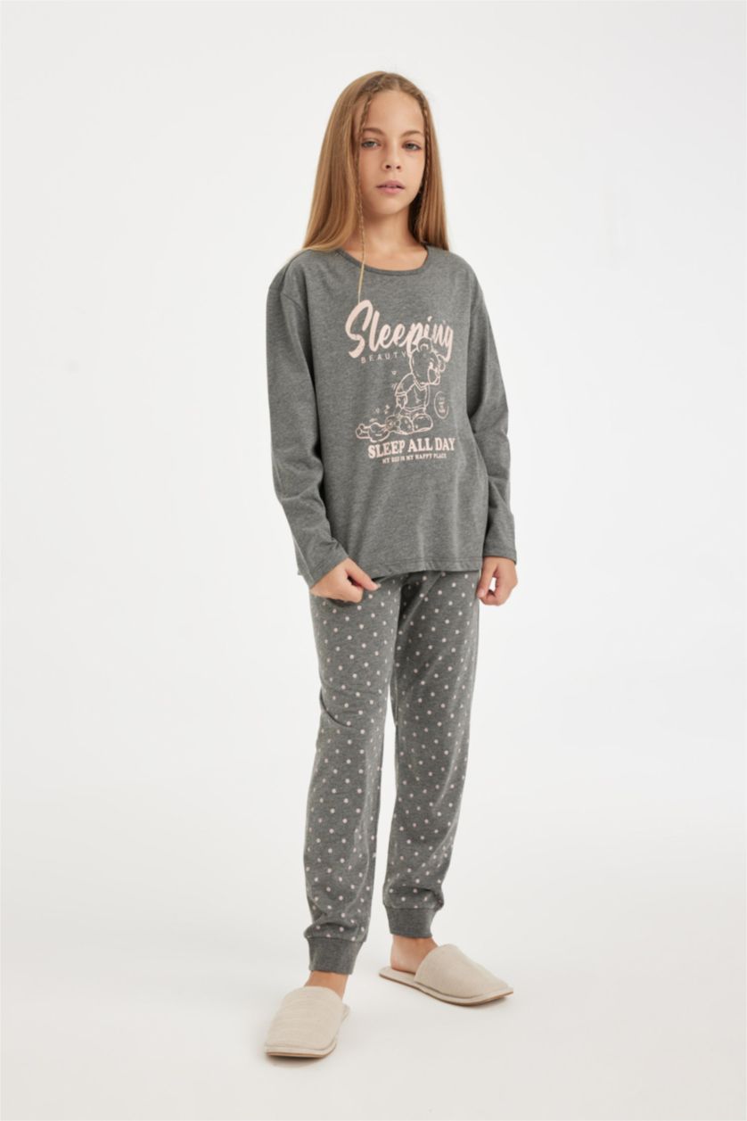 Kız Çocuk - Genç Kız Antasit Melanj Kız Çocuk Pijama Takımı Baskılı Uzun Kollu Üst Beli Lastikli Uzun Alt