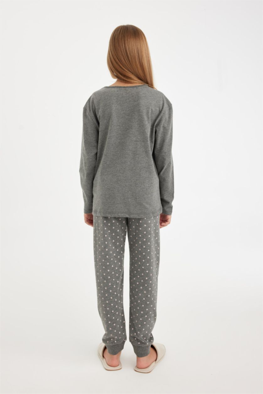 Kız Çocuk - Genç Kız Antasit Melanj Kız Çocuk Pijama Takımı Baskılı Uzun Kollu Üst Beli Lastikli Uzun Alt