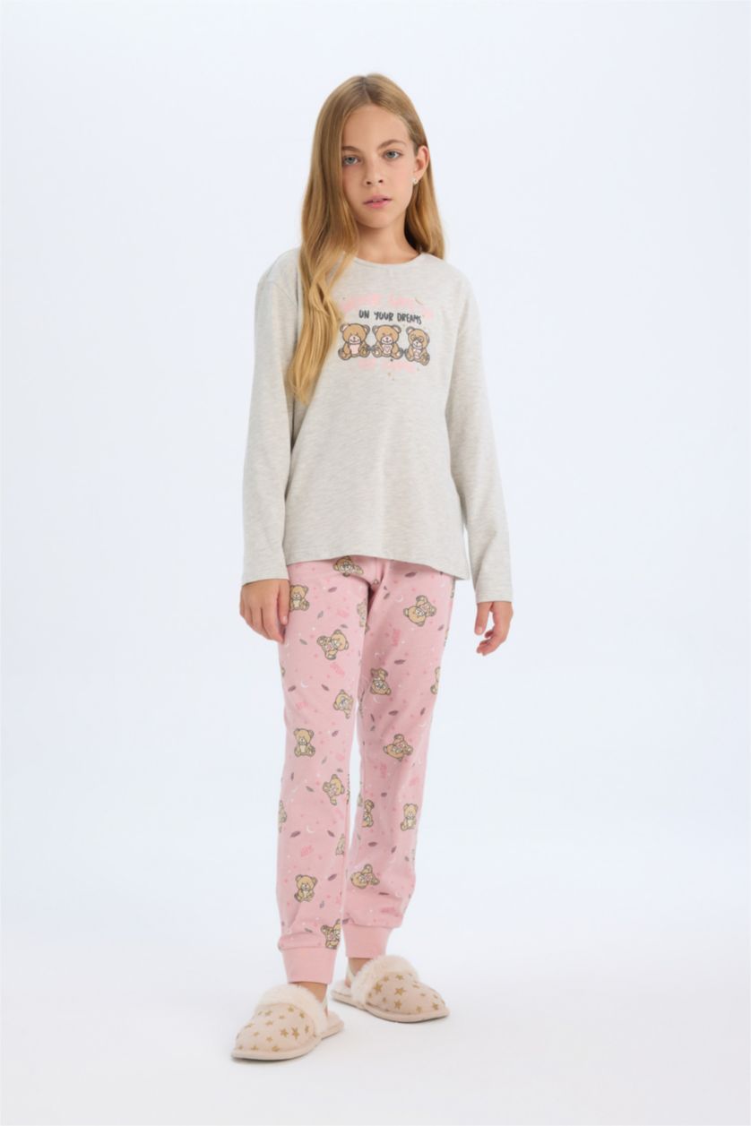 Kız Çocuk - Genç Kız Gri Melanj Kız Çocuk Pijama Takımı Ayıcık Baskılı Uzun Kollu Üst Beli Lastikli Uzun Alt