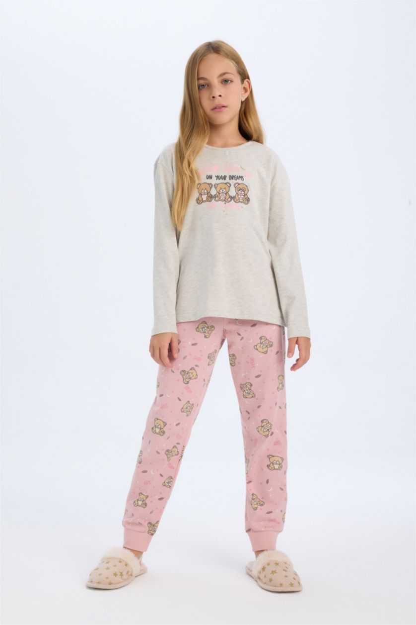 Kız Çocuk - Genç Kız Gri Melanj Kız Çocuk Pijama Takımı Ayıcık Baskılı Uzun Kollu Üst Beli Lastikli Uzun Alt
