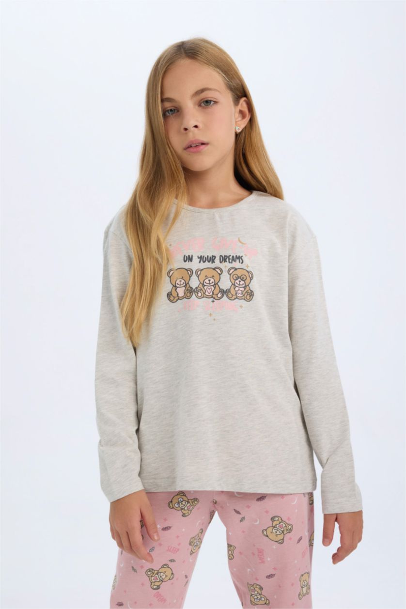 Kız Çocuk - Genç Kız Gri Melanj Kız Çocuk Pijama Takımı Ayıcık Baskılı Uzun Kollu Üst Beli Lastikli Uzun Alt
