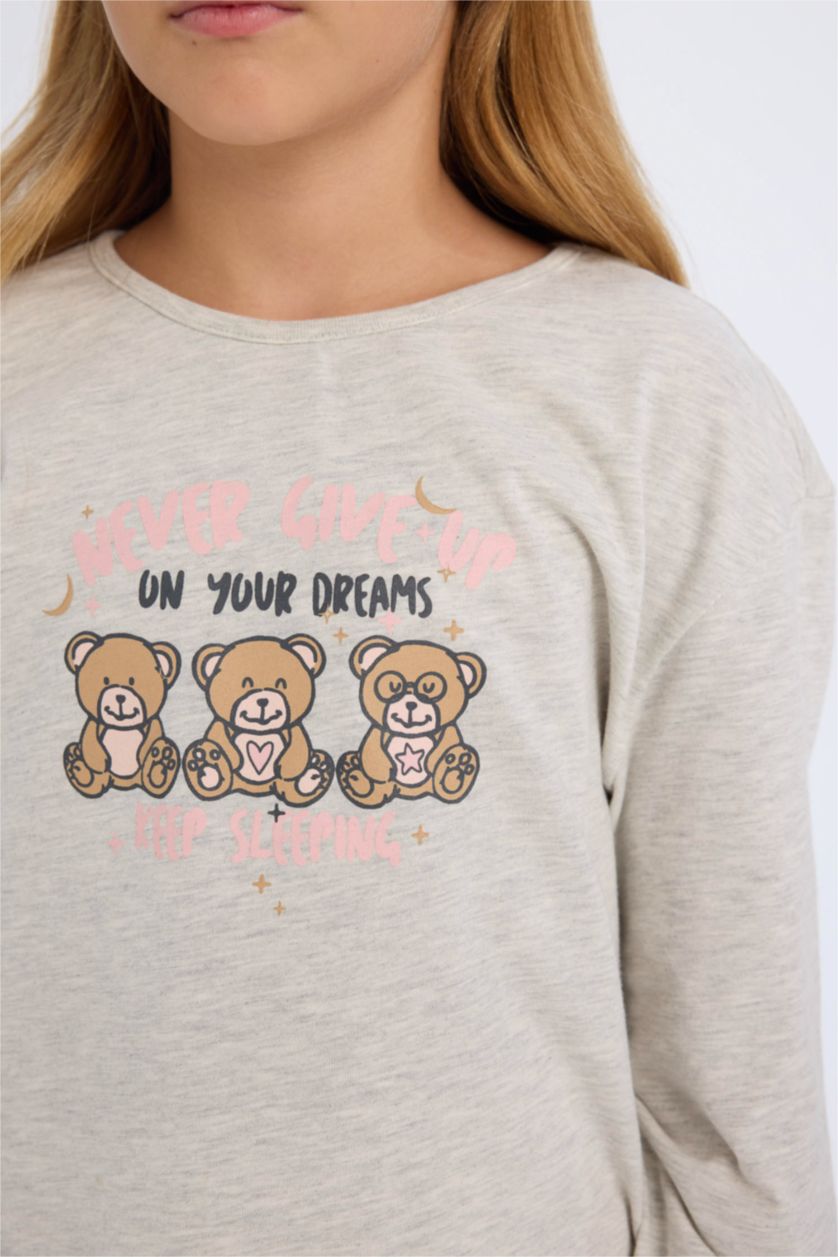 Kız Çocuk - Genç Kız Gri Melanj Kız Çocuk Pijama Takımı Ayıcık Baskılı Uzun Kollu Üst Beli Lastikli Uzun Alt