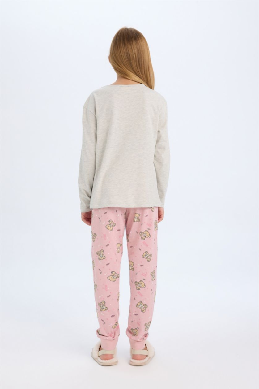 Kız Çocuk - Genç Kız Gri Melanj Kız Çocuk Pijama Takımı Ayıcık Baskılı Uzun Kollu Üst Beli Lastikli Uzun Alt