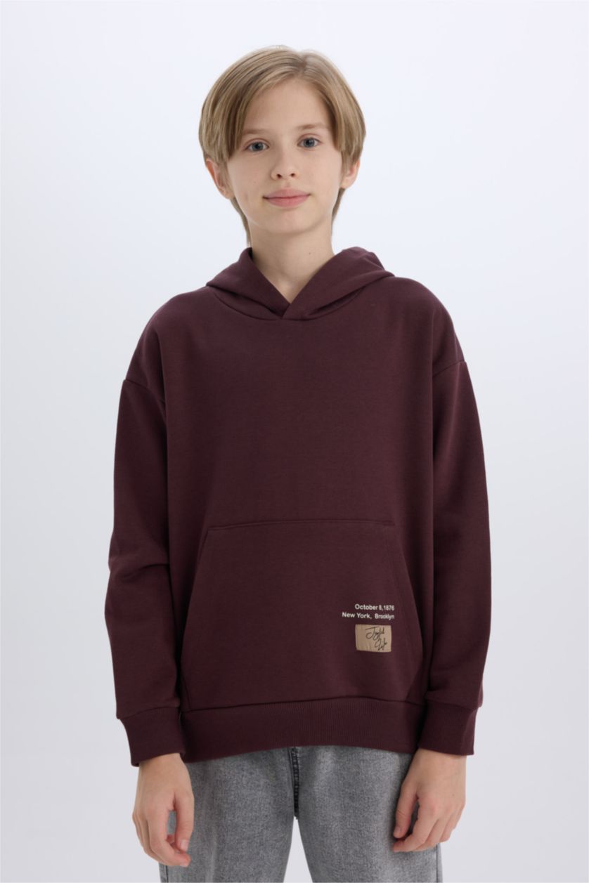 Erkek Çocuk - Genç Erkek Koyu Bordo Erkek Çocuk Kapüşonlu Baskılı Cepli Sweatshirt