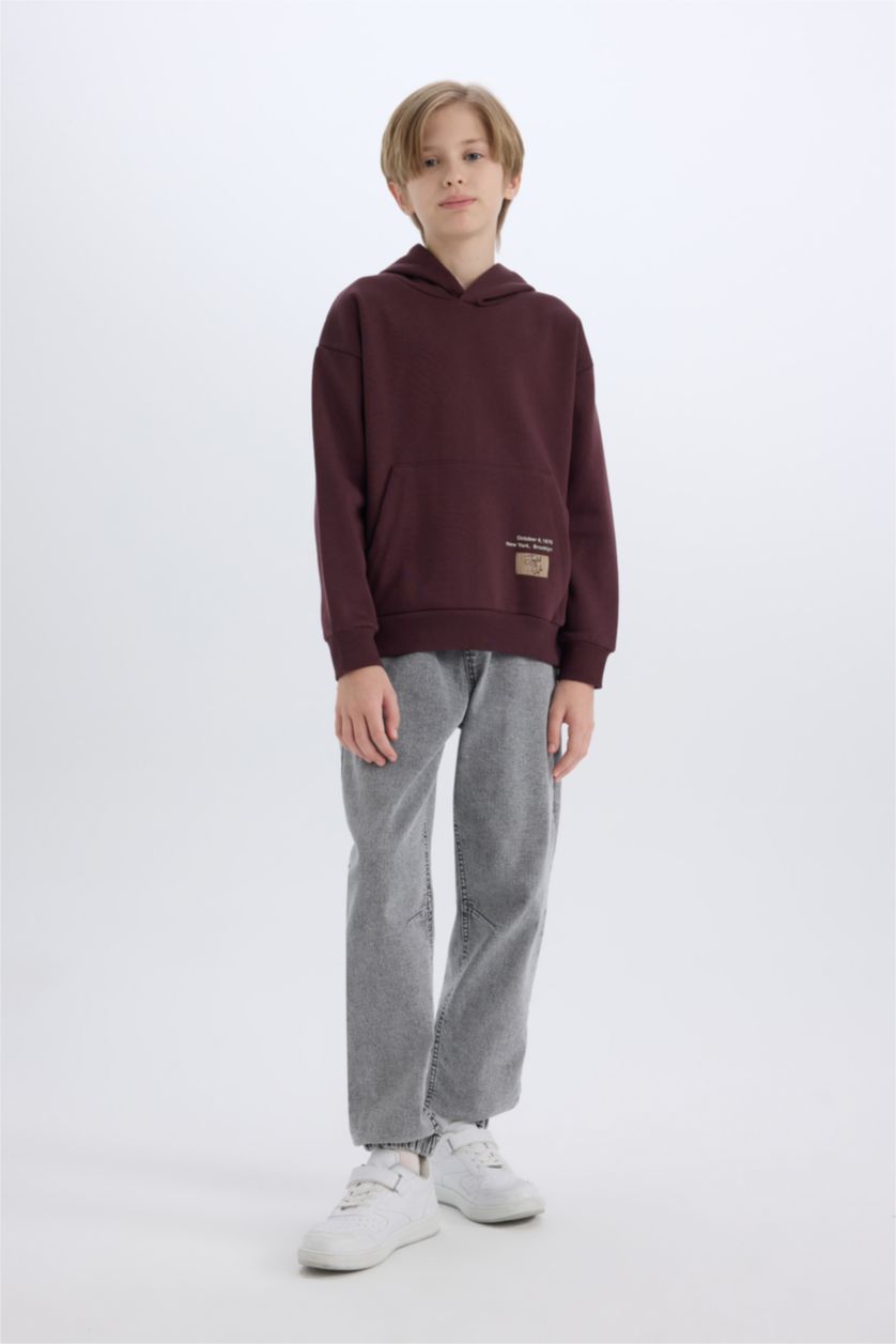 Erkek Çocuk - Genç Erkek Koyu Bordo Erkek Çocuk Kapüşonlu Baskılı Cepli Sweatshirt