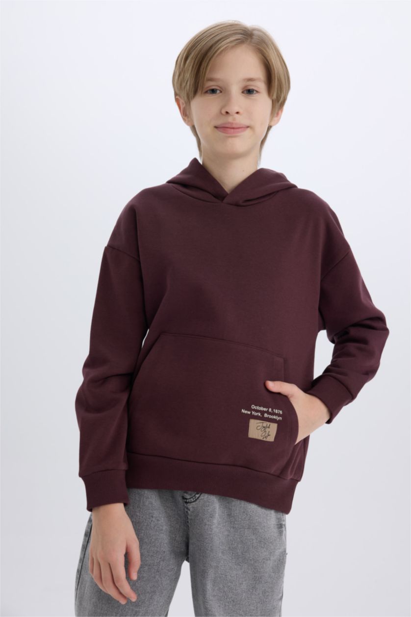 Erkek Çocuk - Genç Erkek Koyu Bordo Erkek Çocuk Kapüşonlu Baskılı Cepli Sweatshirt