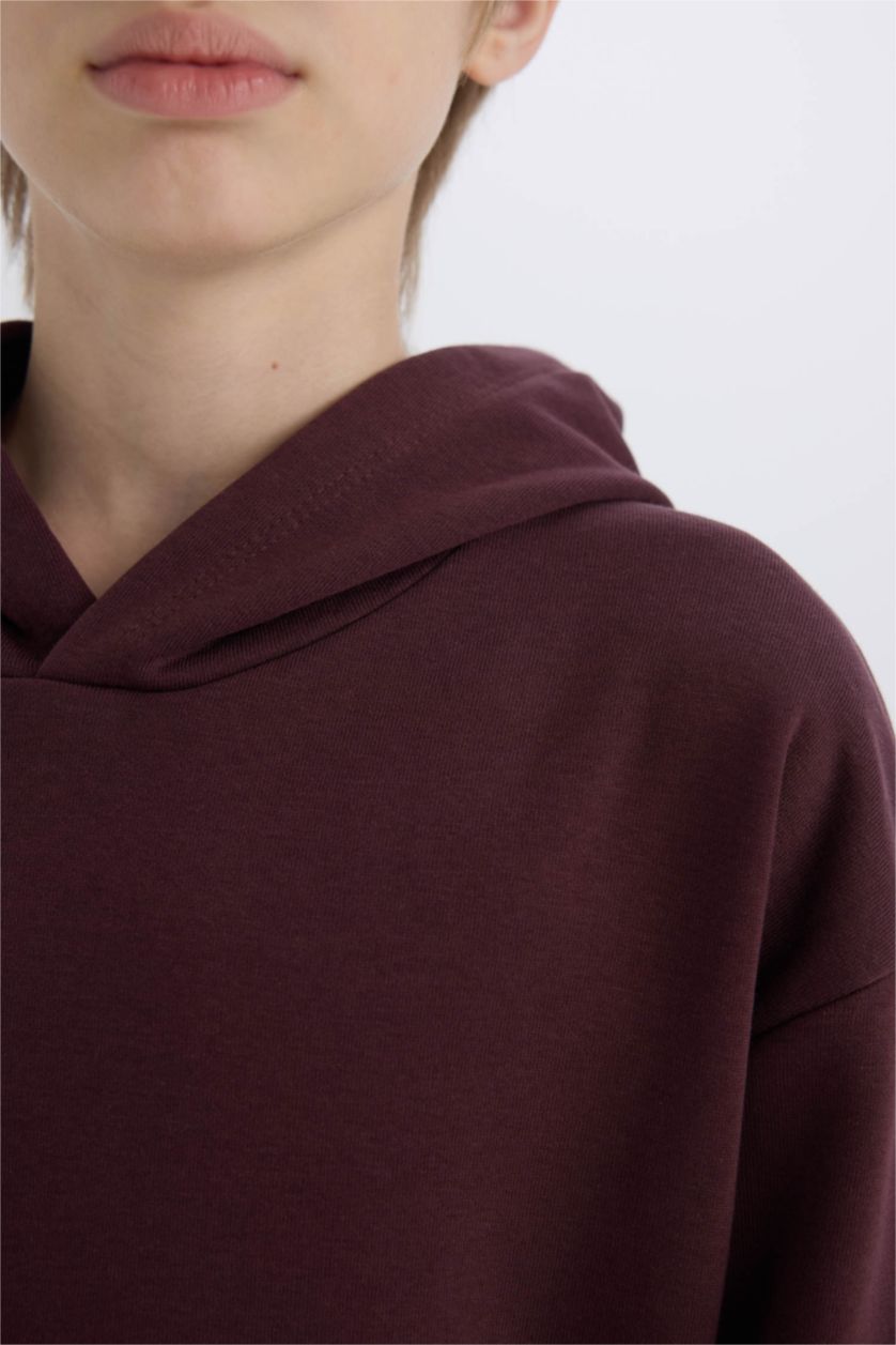Erkek Çocuk - Genç Erkek Koyu Bordo Erkek Çocuk Kapüşonlu Baskılı Cepli Sweatshirt