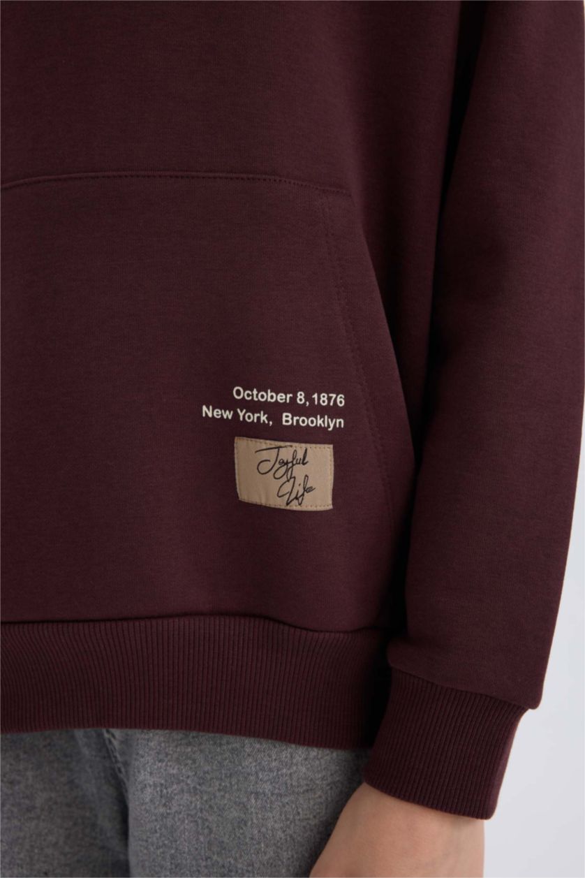Erkek Çocuk - Genç Erkek Koyu Bordo Erkek Çocuk Kapüşonlu Baskılı Cepli Sweatshirt