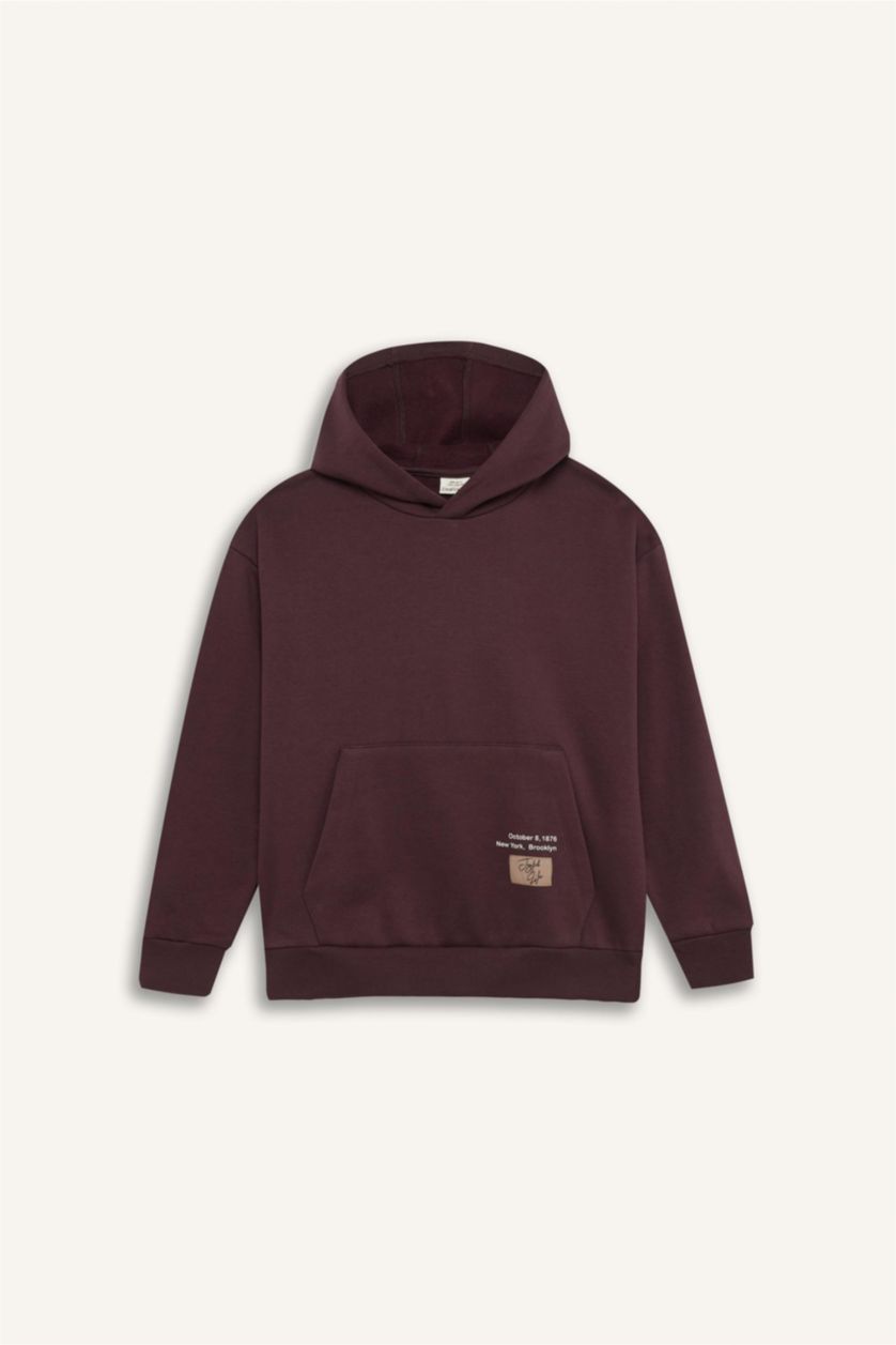Erkek Çocuk - Genç Erkek Koyu Bordo Erkek Çocuk Kapüşonlu Baskılı Cepli Sweatshirt