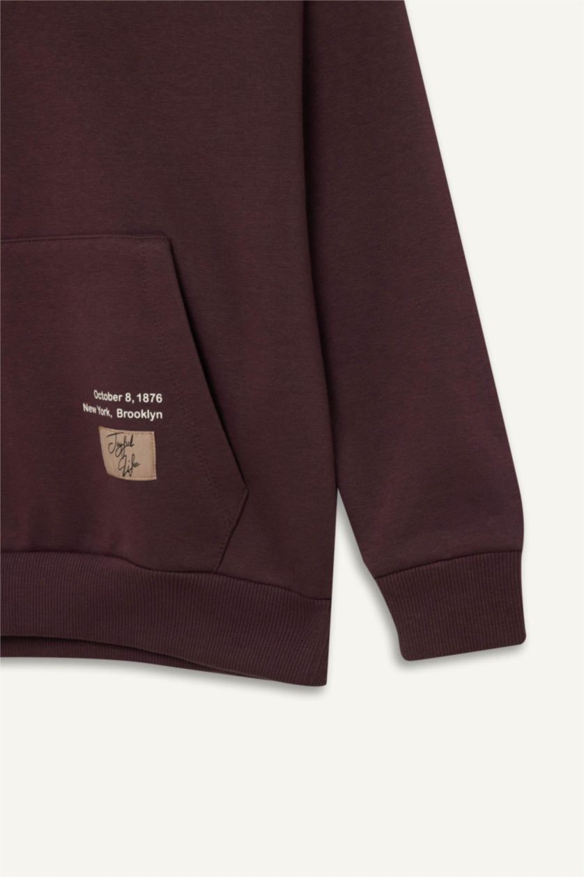 Erkek Çocuk - Genç Erkek Koyu Bordo Erkek Çocuk Kapüşonlu Baskılı Cepli Sweatshirt