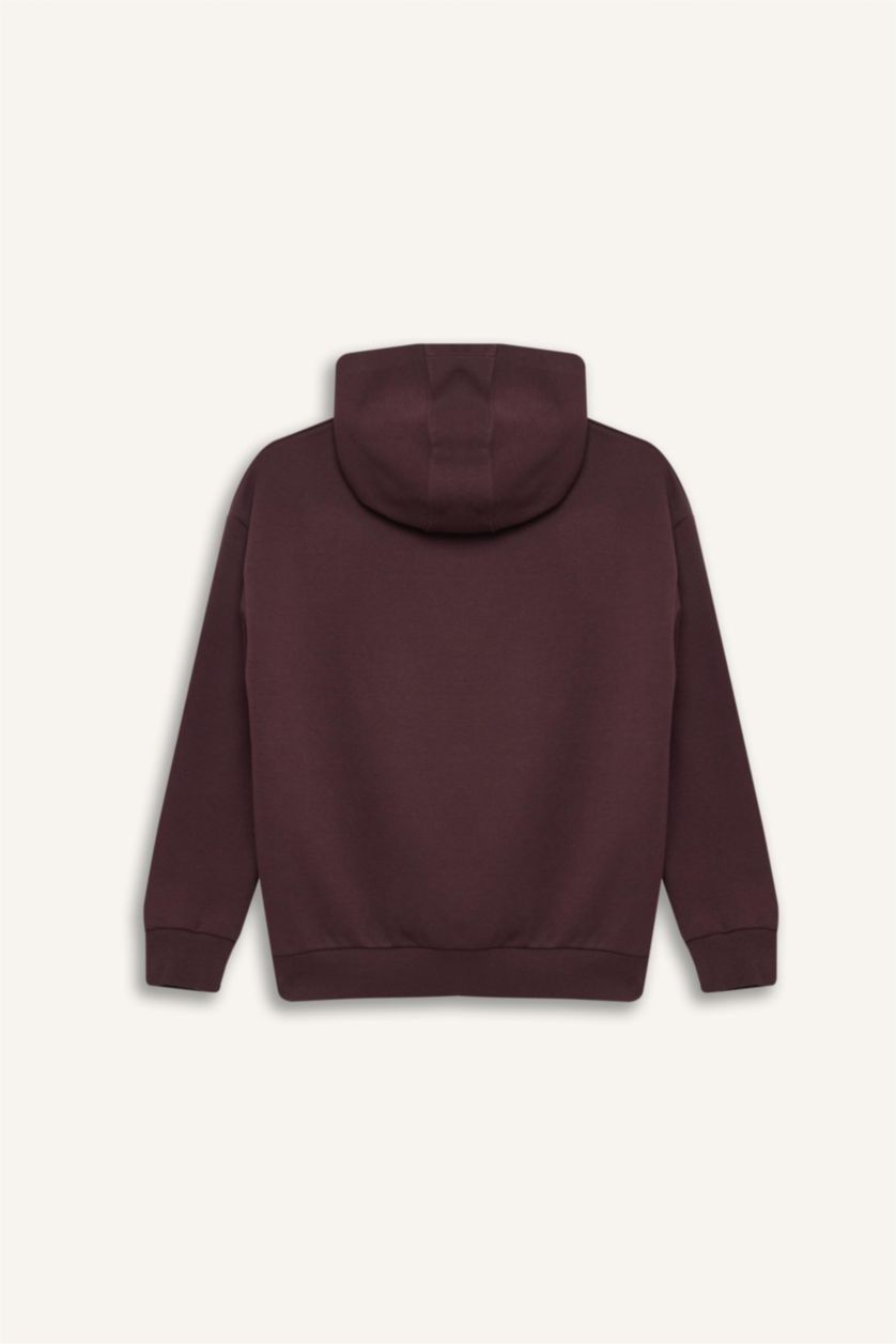Erkek Çocuk - Genç Erkek Koyu Bordo Erkek Çocuk Kapüşonlu Baskılı Cepli Sweatshirt