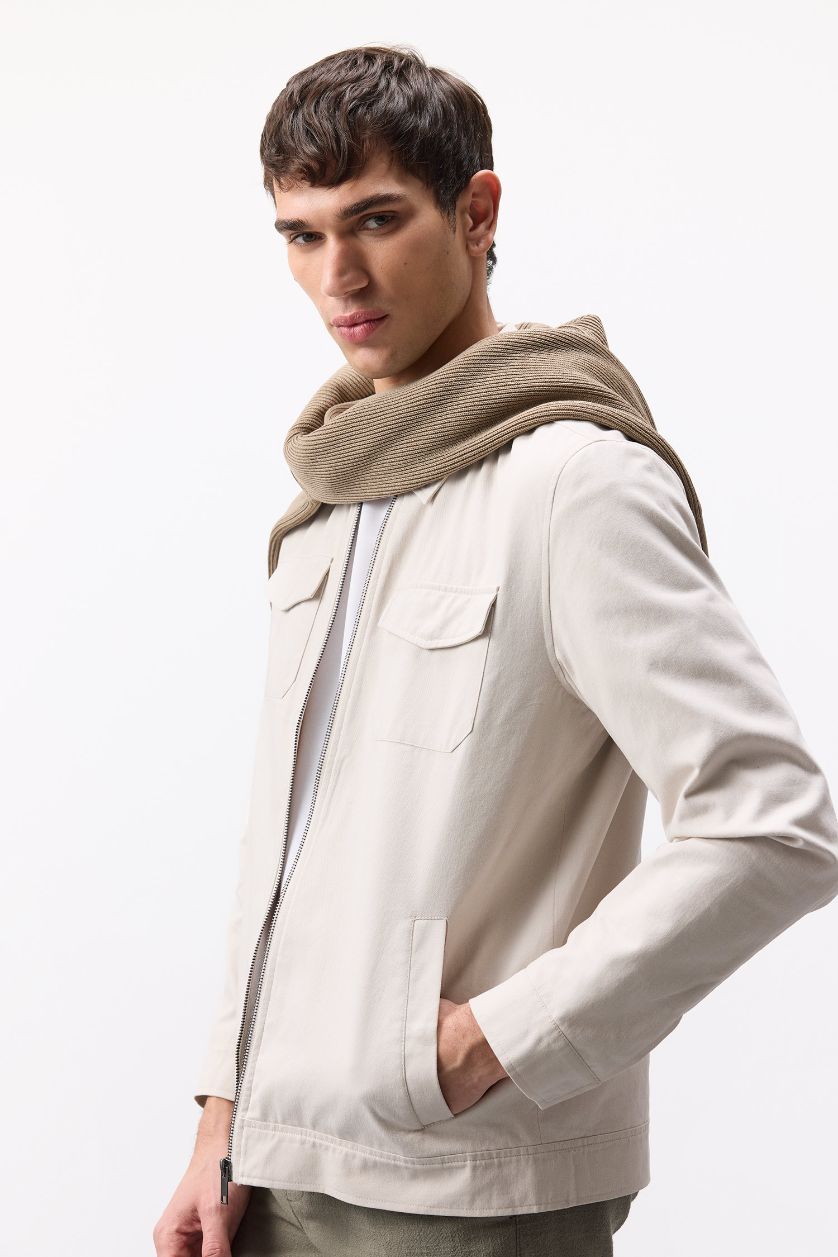 Erkek Taş %100 Pamuk Regular Fit Gömlek Yaka Fermuarlı Cepli Mevsimlik Baharlık Mont