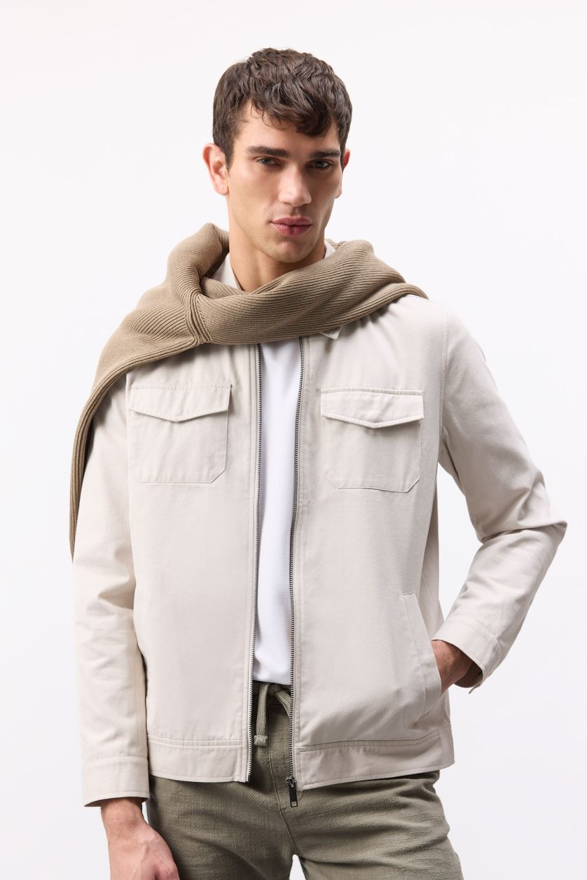 Erkek Taş %100 Pamuk Regular Fit Gömlek Yaka Fermuarlı Cepli Mevsimlik Baharlık Mont