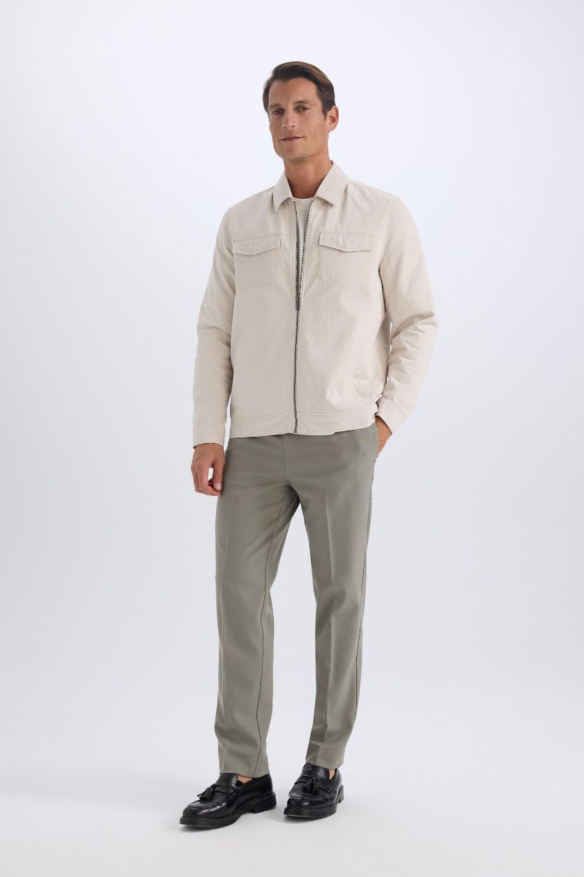 Erkek Taş %100 Pamuk Regular Fit Gömlek Yaka Fermuarlı Cepli Mevsimlik Baharlık Mont