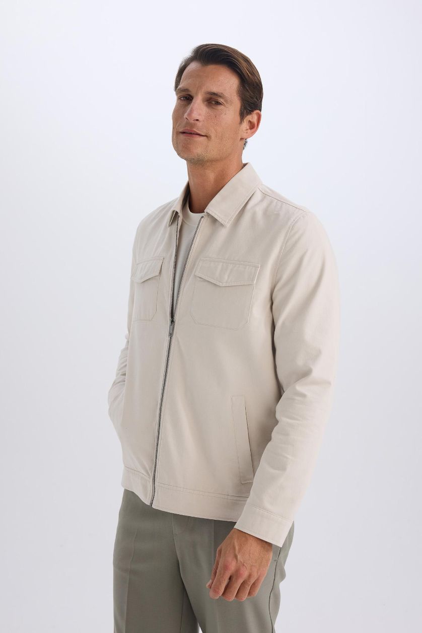 Erkek Taş %100 Pamuk Regular Fit Gömlek Yaka Fermuarlı Cepli Mevsimlik Baharlık Mont