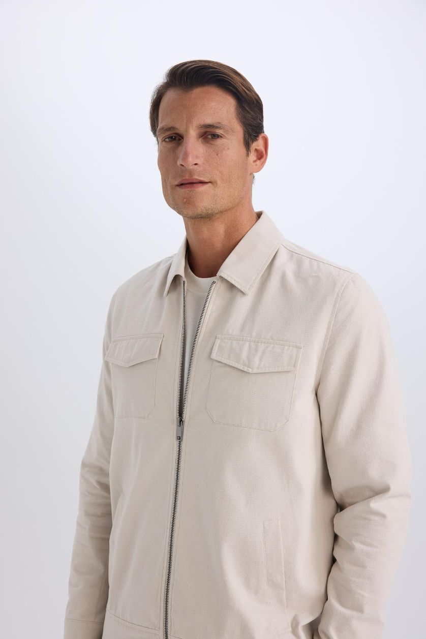 Erkek Taş %100 Pamuk Regular Fit Gömlek Yaka Fermuarlı Cepli Mevsimlik Baharlık Mont