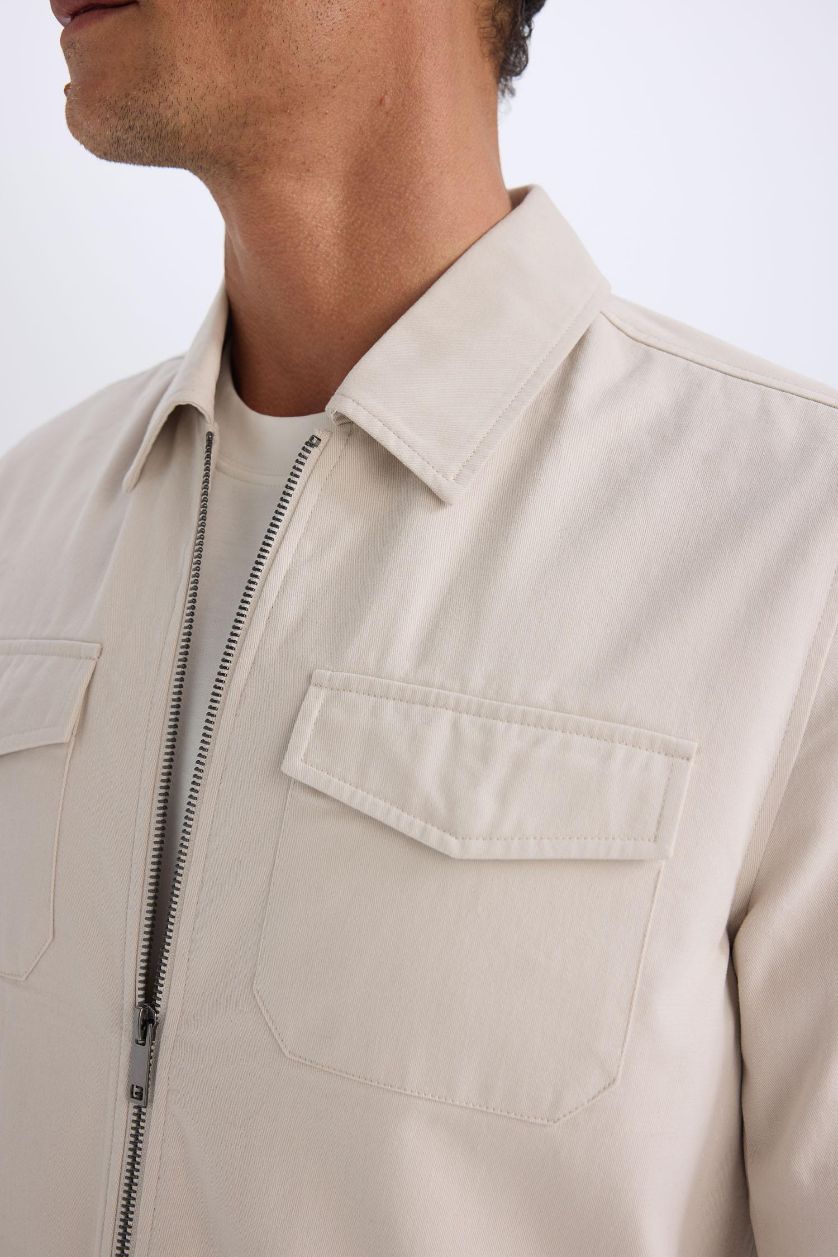 Erkek Taş %100 Pamuk Regular Fit Gömlek Yaka Fermuarlı Cepli Mevsimlik Baharlık Mont