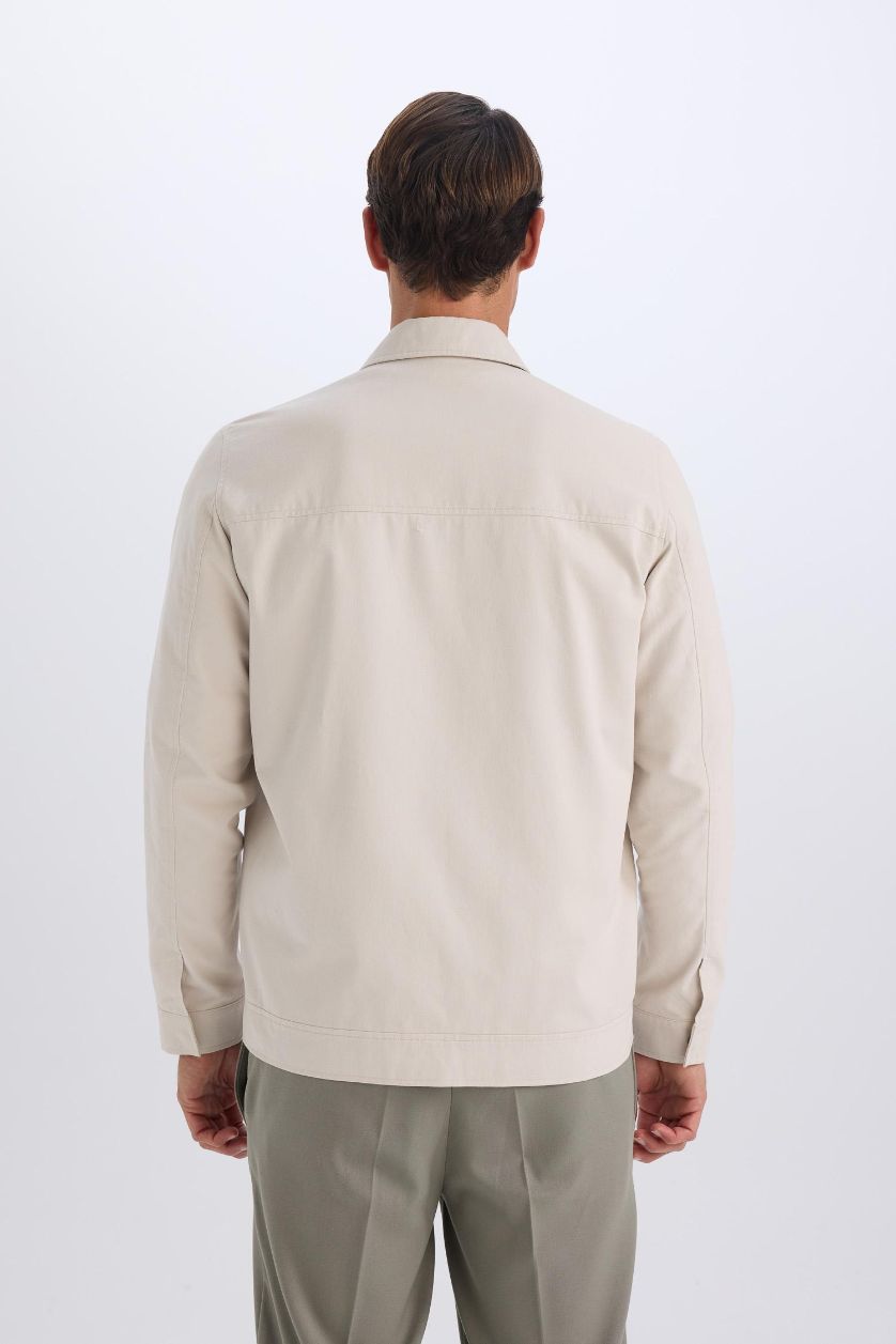 Erkek Taş %100 Pamuk Regular Fit Gömlek Yaka Fermuarlı Cepli Mevsimlik Baharlık Mont