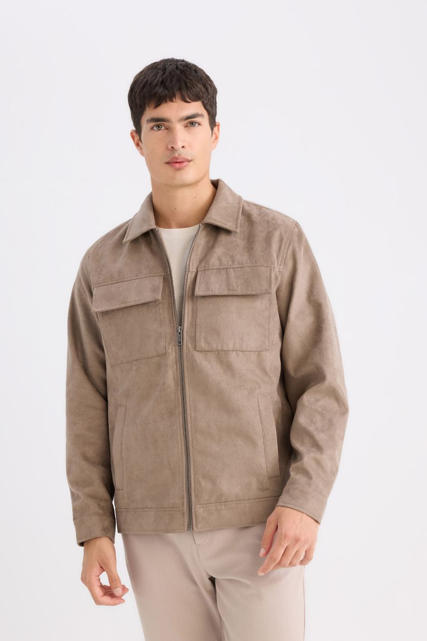 Erkek Vizon Slim Fit Dar Kesim Gömlek Yaka Fermuarlı Mevsimlik Baharlık Mont