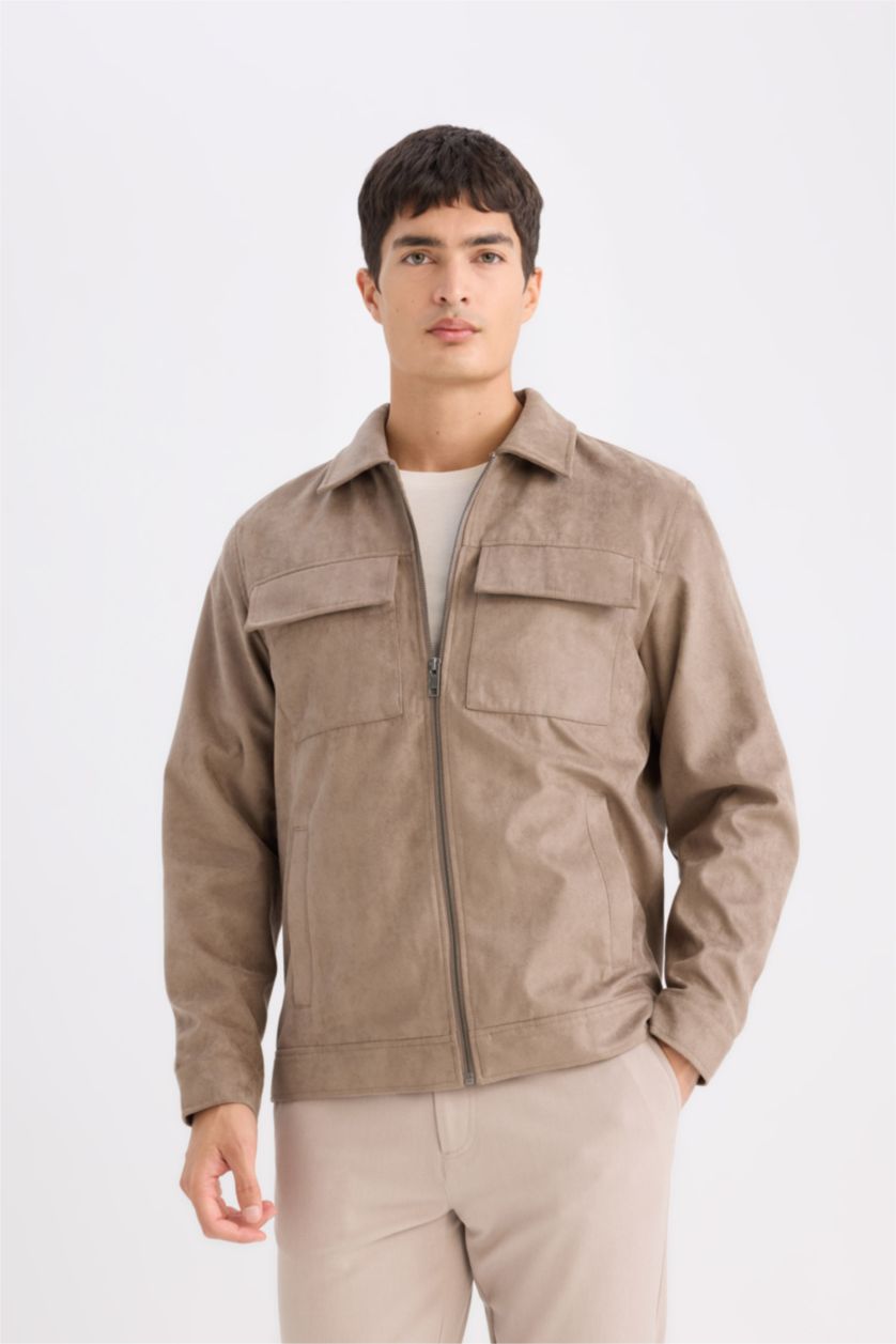 Erkek Vizon Slim Fit Dar Kesim Gömlek Yaka Fermuarlı Mevsimlik Baharlık Mont