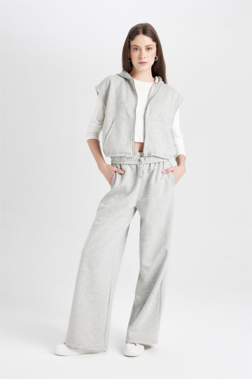 Kadın Gri Melanj Coool Wide Leg Geniş Bol Paça Eşofman Altı Beli Lastikli Cepli Basic Düz