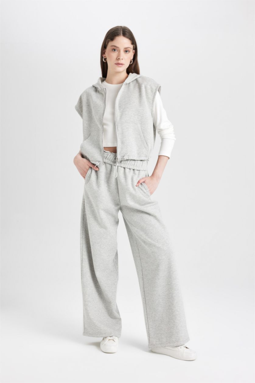 Kadın Gri Melanj Coool Wide Leg Geniş Bol Paça Eşofman Altı Beli Lastikli Cepli Basic Düz