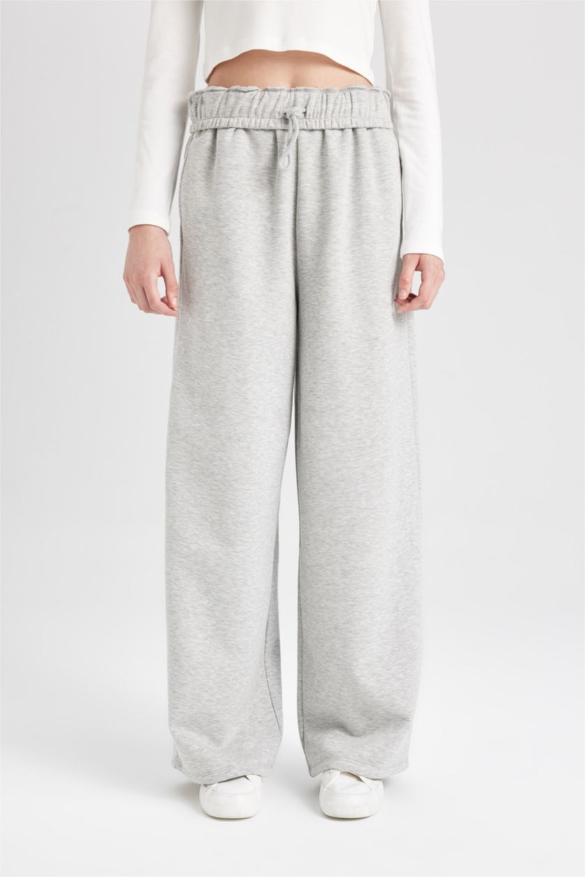 Kadın Gri Melanj Coool Wide Leg Geniş Bol Paça Eşofman Altı Beli Lastikli Cepli Basic Düz