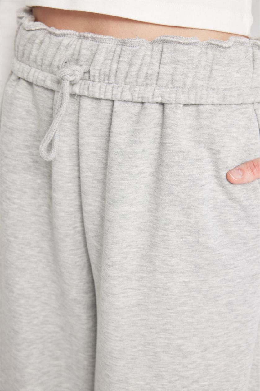 Kadın Gri Melanj Coool Wide Leg Geniş Bol Paça Eşofman Altı Beli Lastikli Cepli Basic Düz