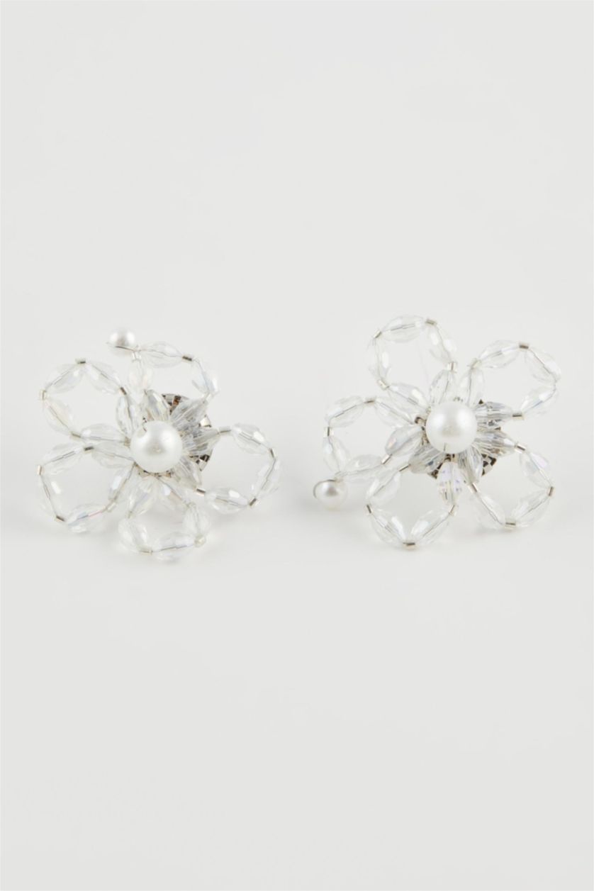 Kadın Şeffaf Kadın Çiçek Desenli İncili Silver Küpe