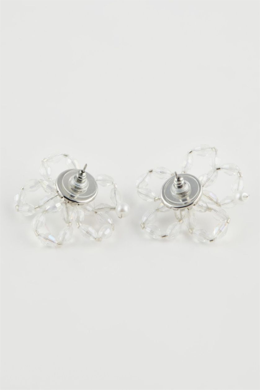 Kadın Şeffaf Kadın Çiçek Desenli İncili Silver Küpe