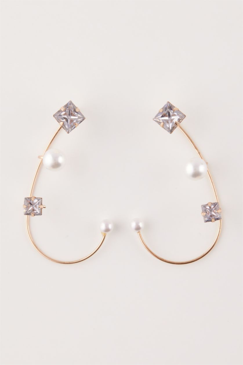 Kadın Beyaz Kadın Taşlı İncili Gold Küpe