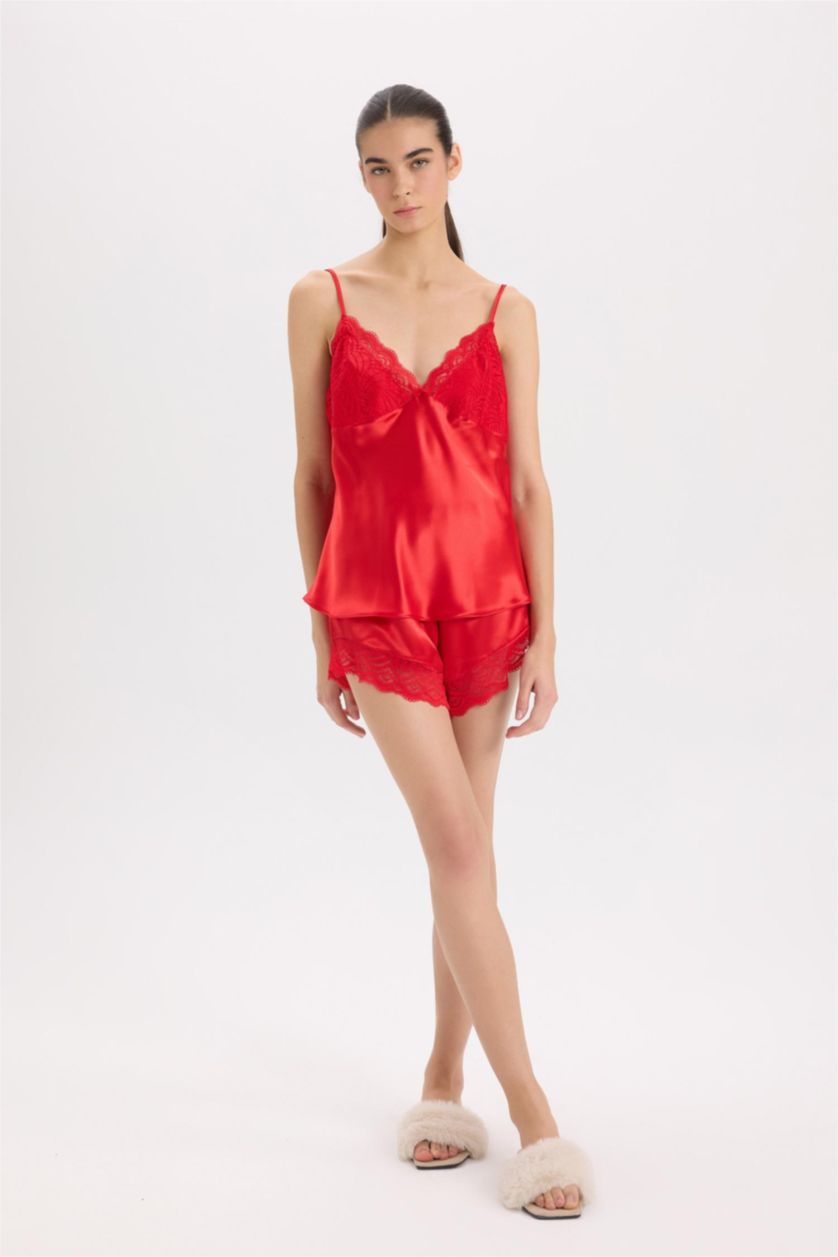 نساء أحمر سيت بجامة قصة عادية بحمالات - قطعتين