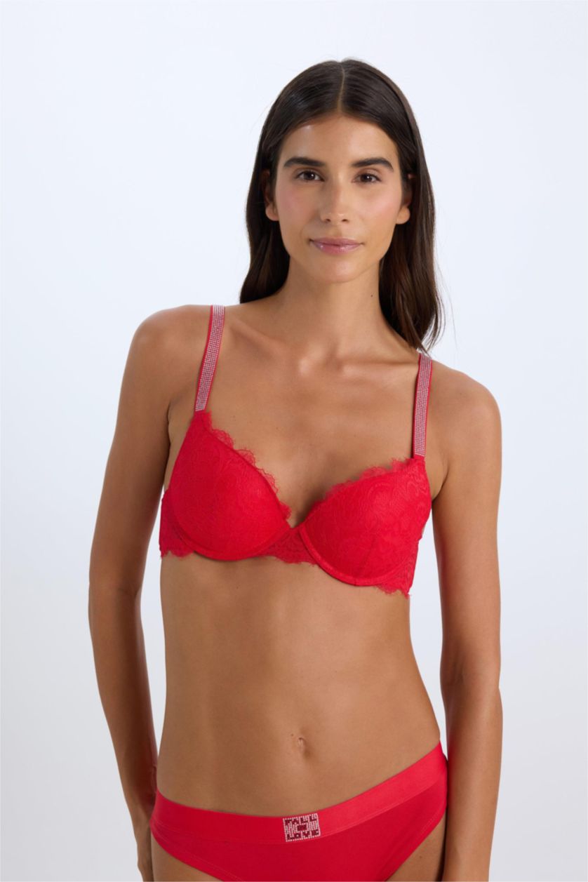 Woman Red Fall in Love Lace Padded Red Bra
