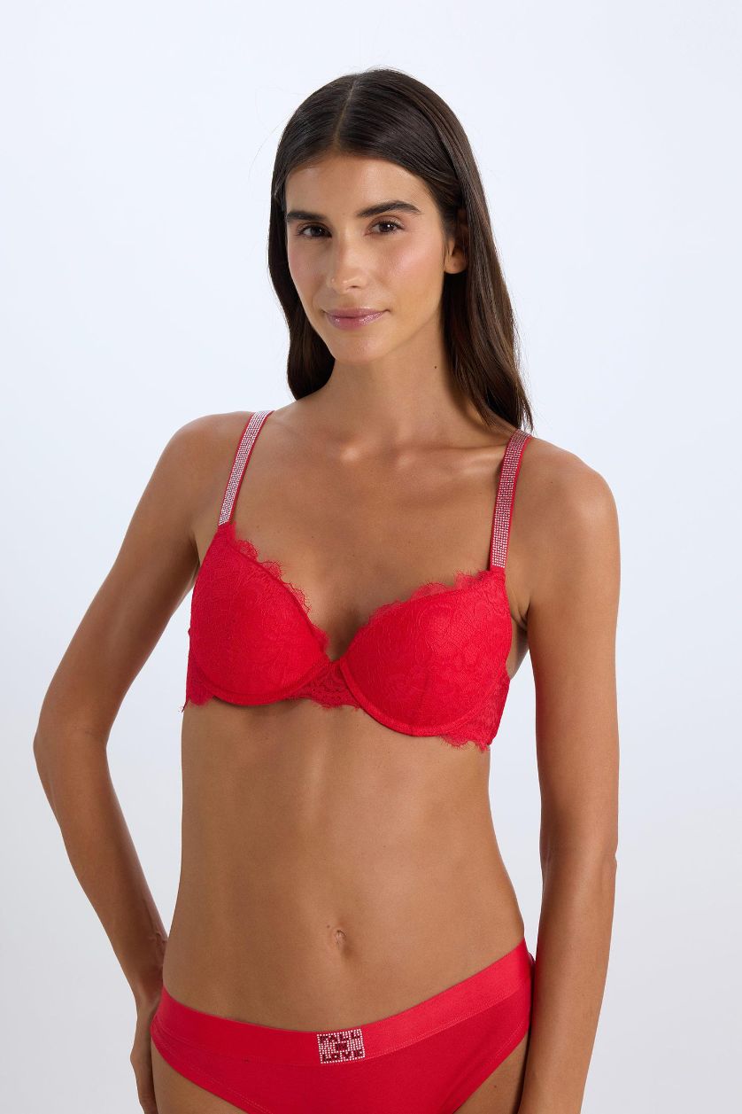 Woman Red Fall in Love Lace Padded Red Bra