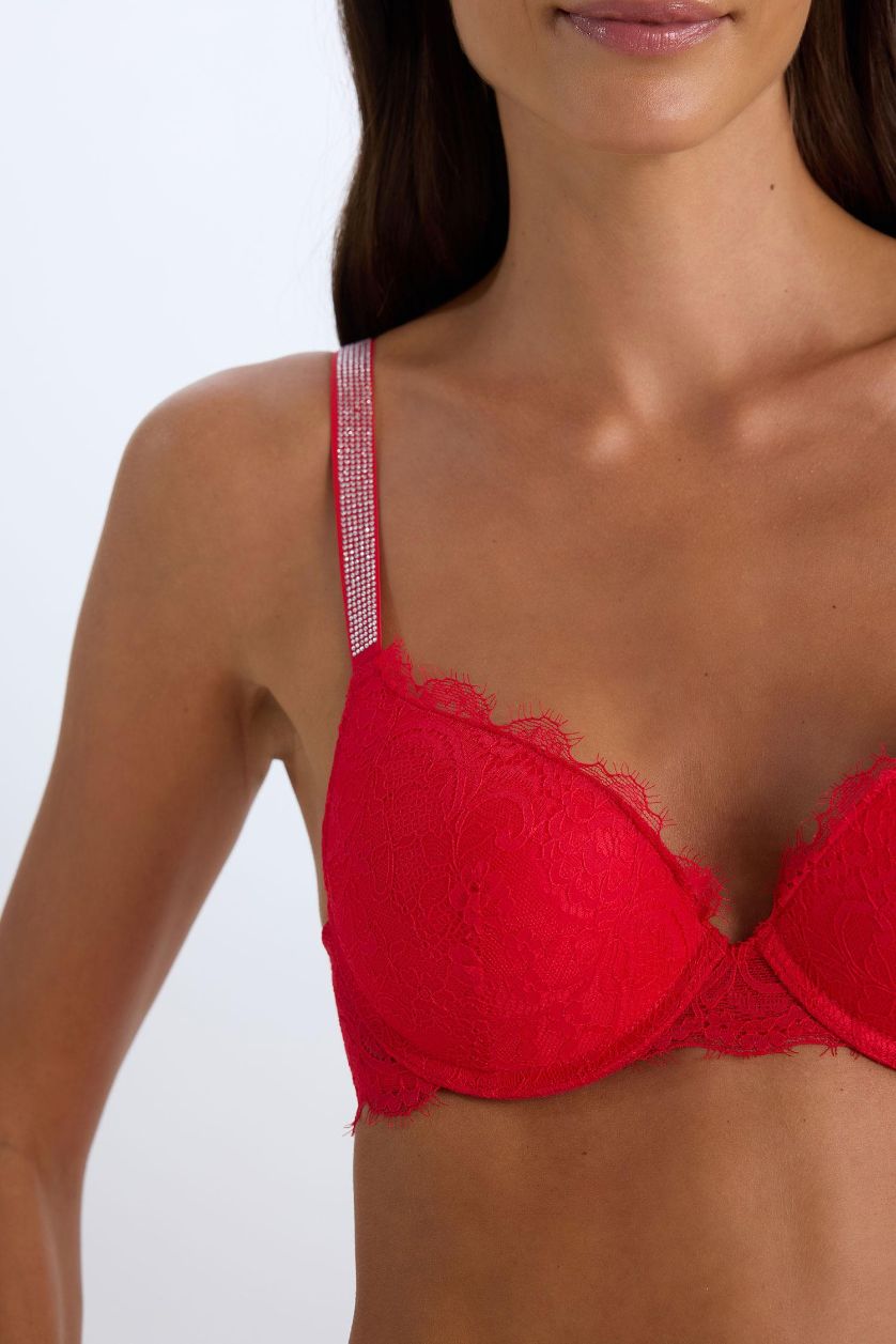 Woman Red Fall in Love Lace Padded Red Bra