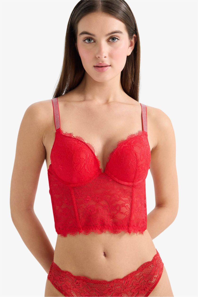 نساء أحمر حمالة الصدر بوش أب كامل بالدانتيل حشو إضافي