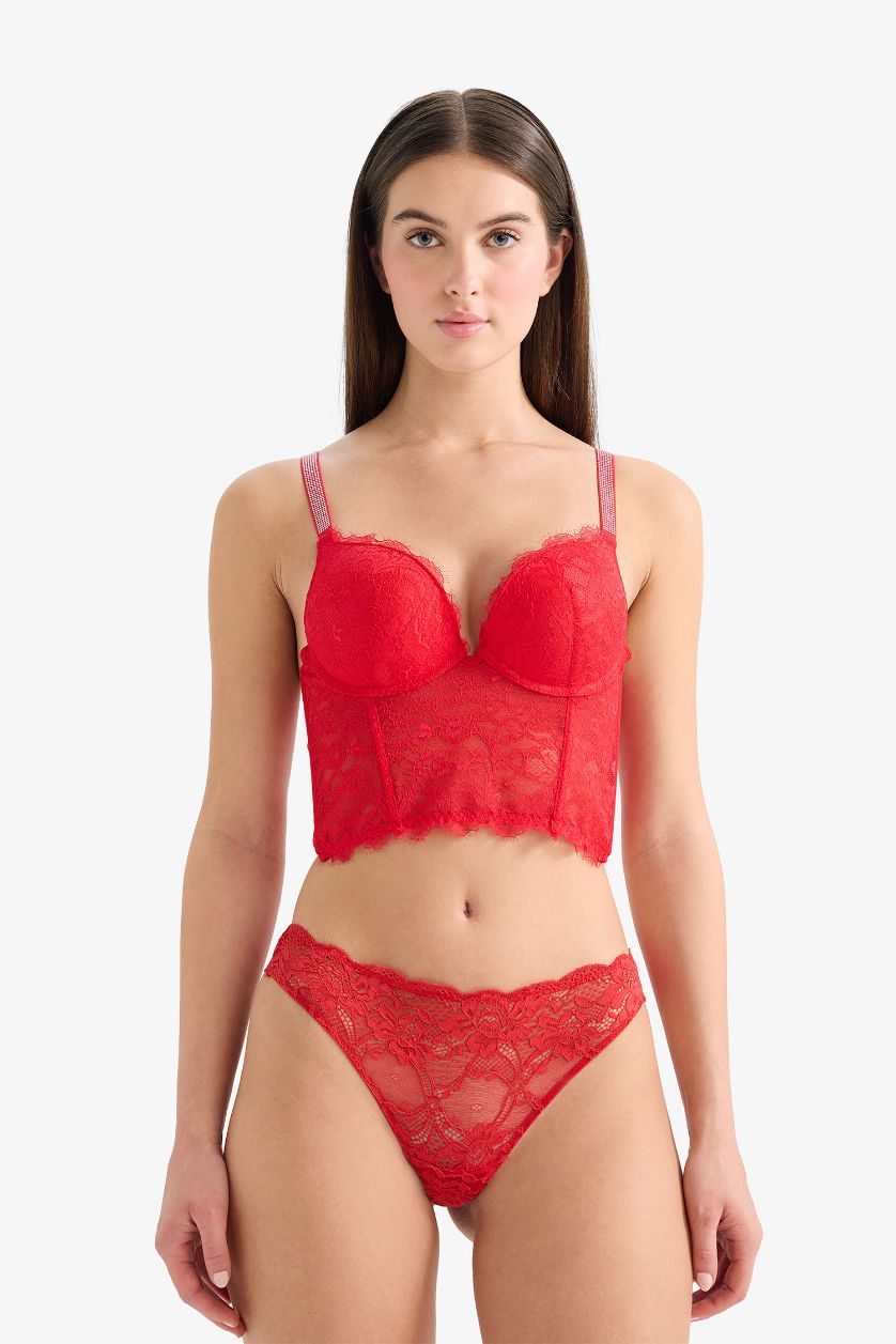 نساء أحمر حمالة الصدر بوش أب كامل بالدانتيل حشو إضافي