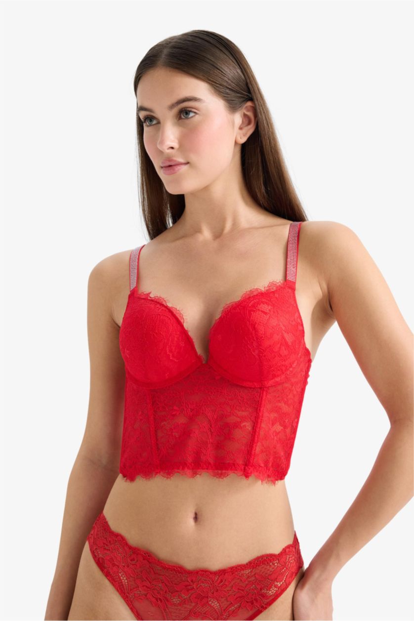 نساء أحمر حمالة الصدر بوش أب كامل بالدانتيل حشو إضافي