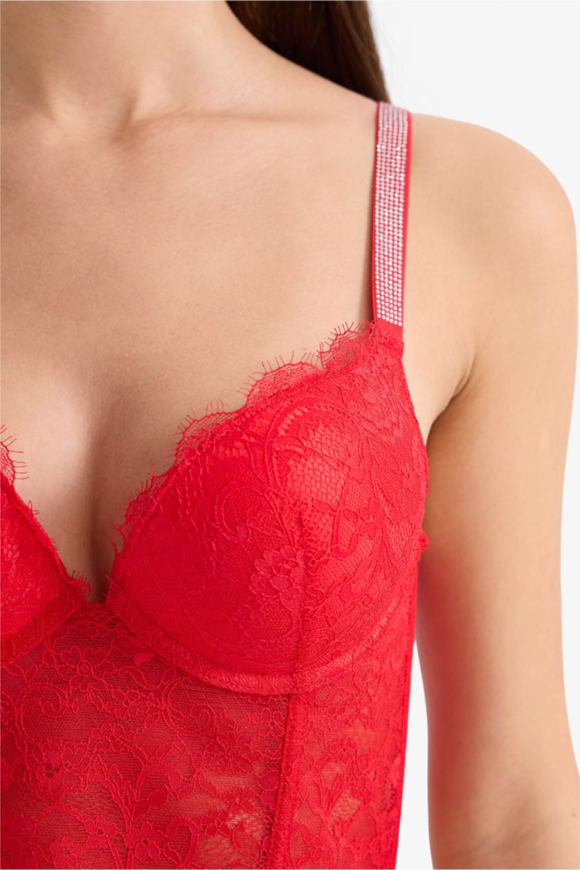 نساء أحمر حمالة الصدر بوش أب كامل بالدانتيل حشو إضافي