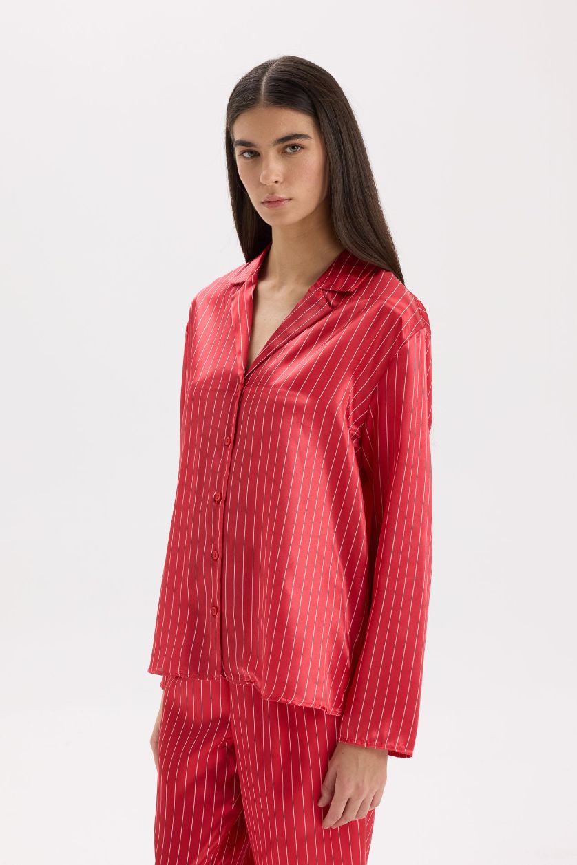 Kadın Kırmızı Pijama Takım Saten Uzun Kollu Düğmeli Üst Beli Lastikli Uzun Alt