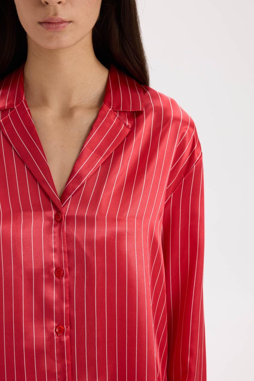 Kadın Kırmızı Pijama Takım Saten Uzun Kollu Düğmeli Üst Beli Lastikli Uzun Alt