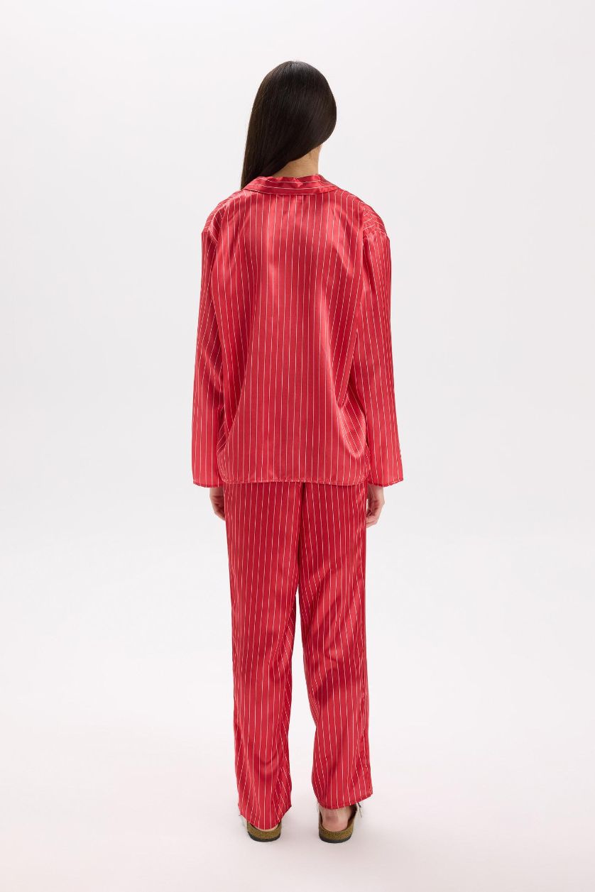 Kadın Kırmızı Pijama Takım Saten Uzun Kollu Düğmeli Üst Beli Lastikli Uzun Alt