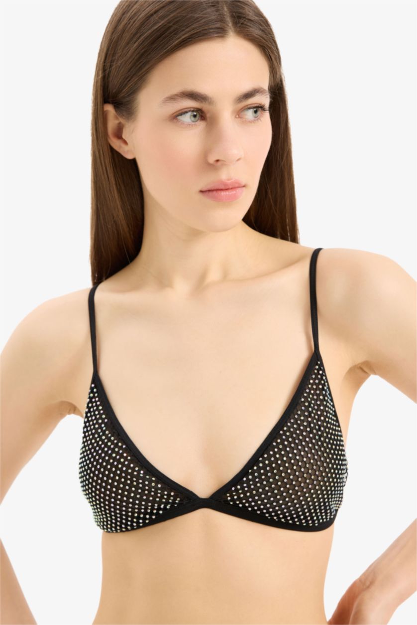 Kadın Siyah Simli Pedsiz Tül Siyah Bra