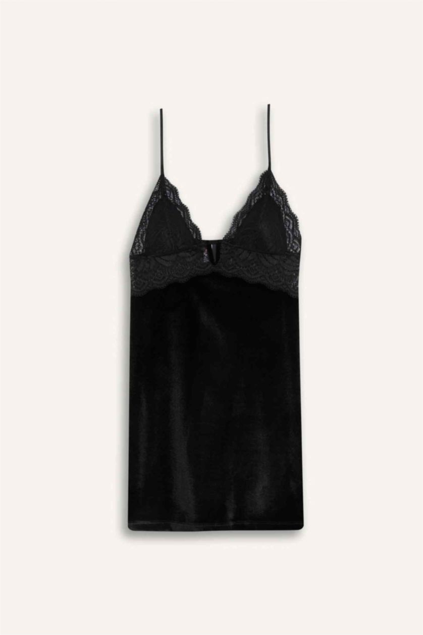 حريمي أسود قميص نوم قطيفة قصة عادية بياقة V Fall in Love من