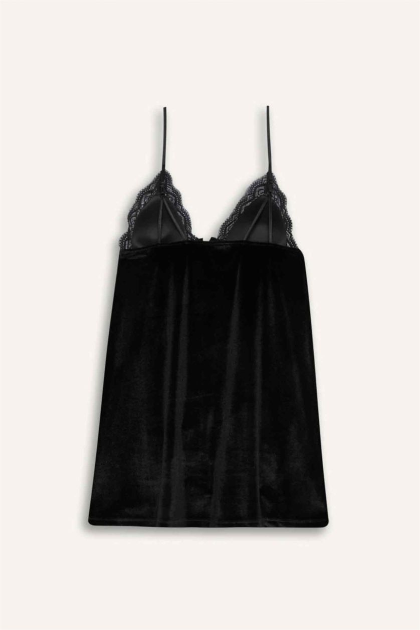 حريمي أسود قميص نوم قطيفة قصة عادية بياقة V Fall in Love من