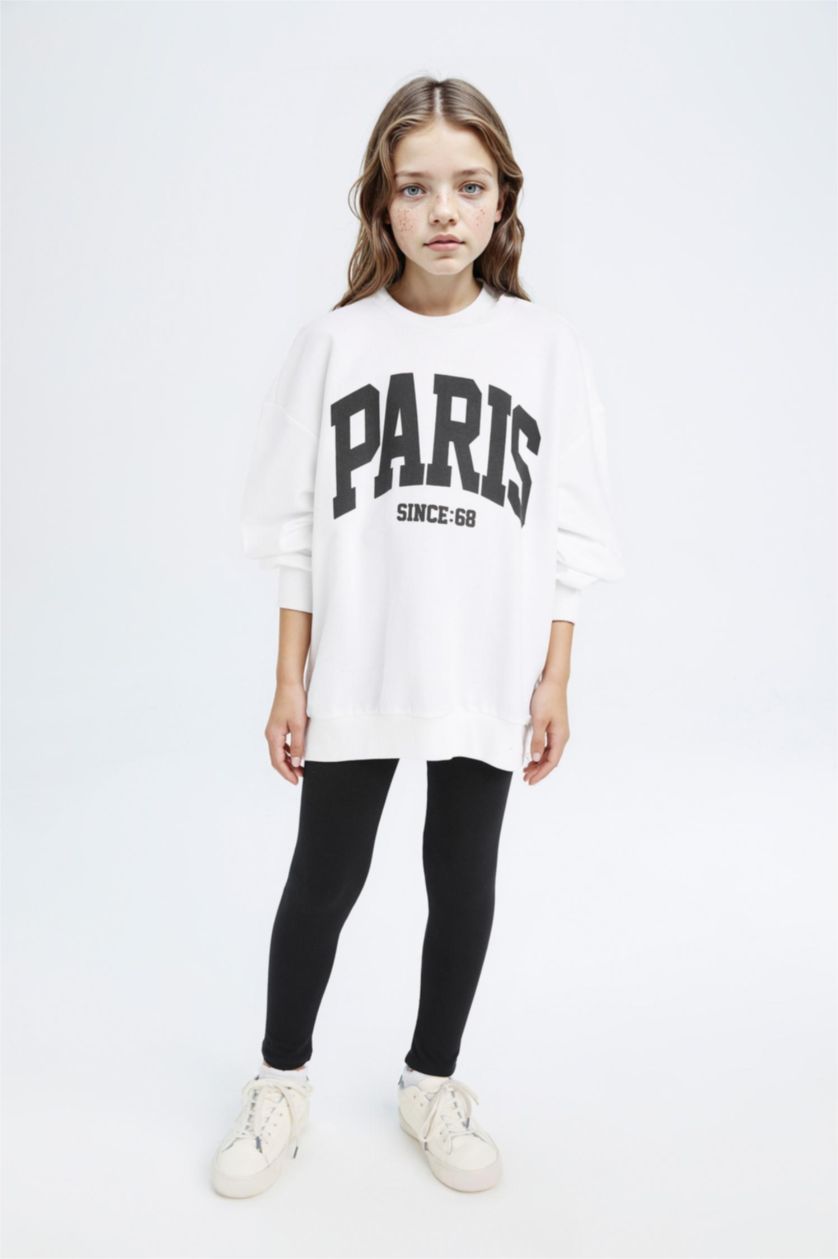 Kız Çocuk - Genç Kız Beyaz 2'li Takım Baskılı Sweatshirt Uzun Tayt Kız Çocuk