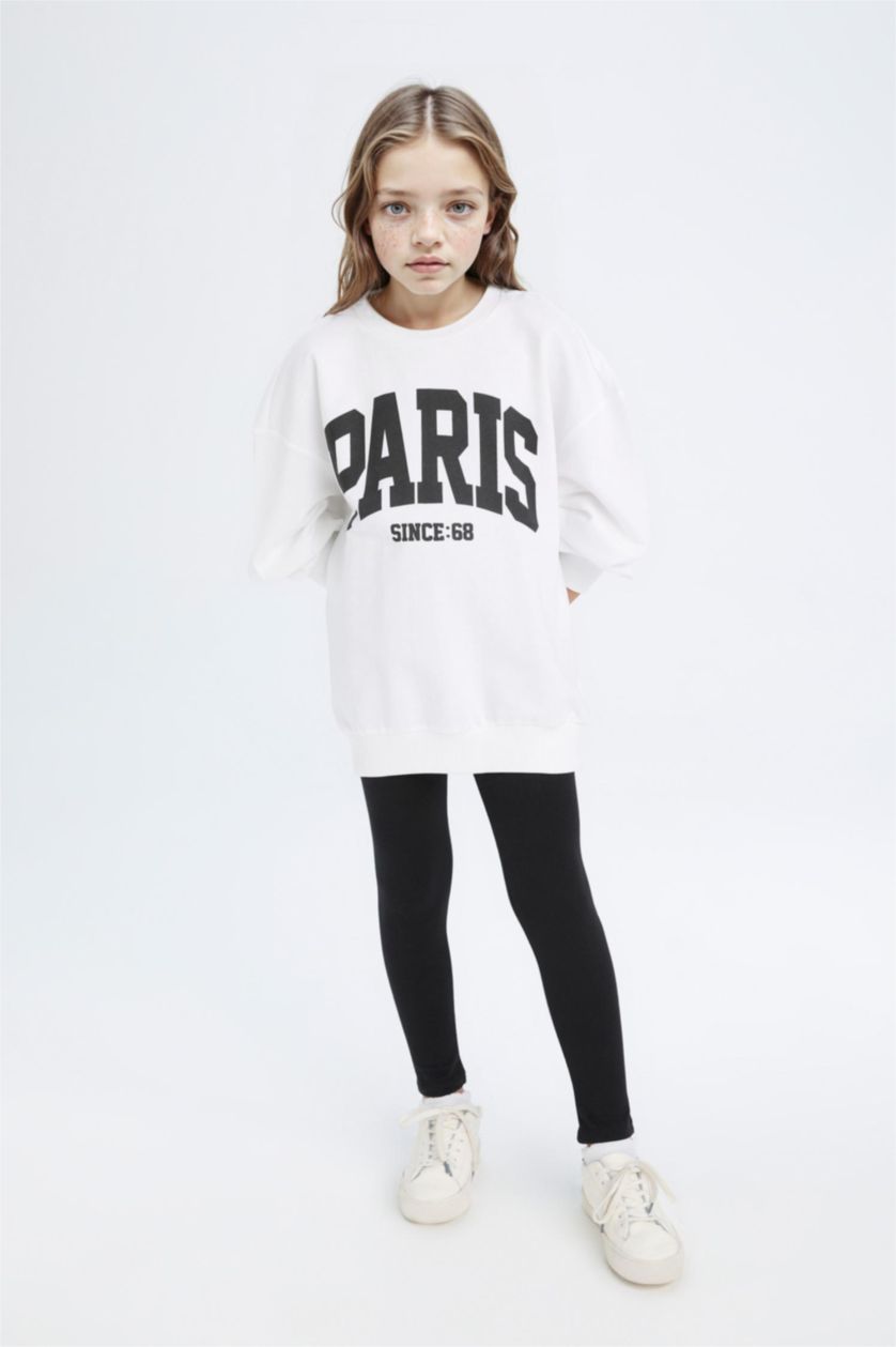 Kız Çocuk - Genç Kız Beyaz 2'li Takım Baskılı Sweatshirt Uzun Tayt Kız Çocuk