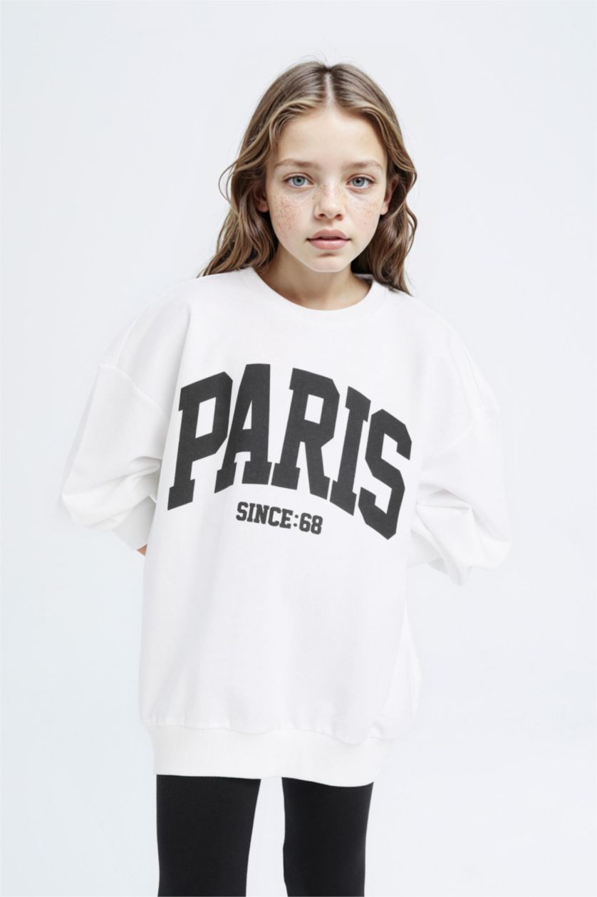 Kız Çocuk - Genç Kız Beyaz 2'li Takım Baskılı Sweatshirt Uzun Tayt Kız Çocuk