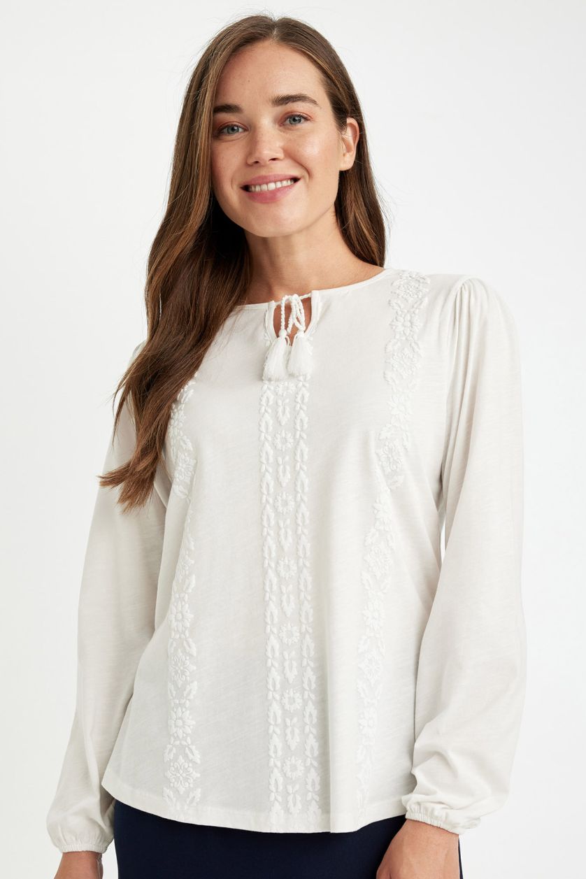 Woman Ecru Regular Fit Cotton Long Sleeve T-Shirt