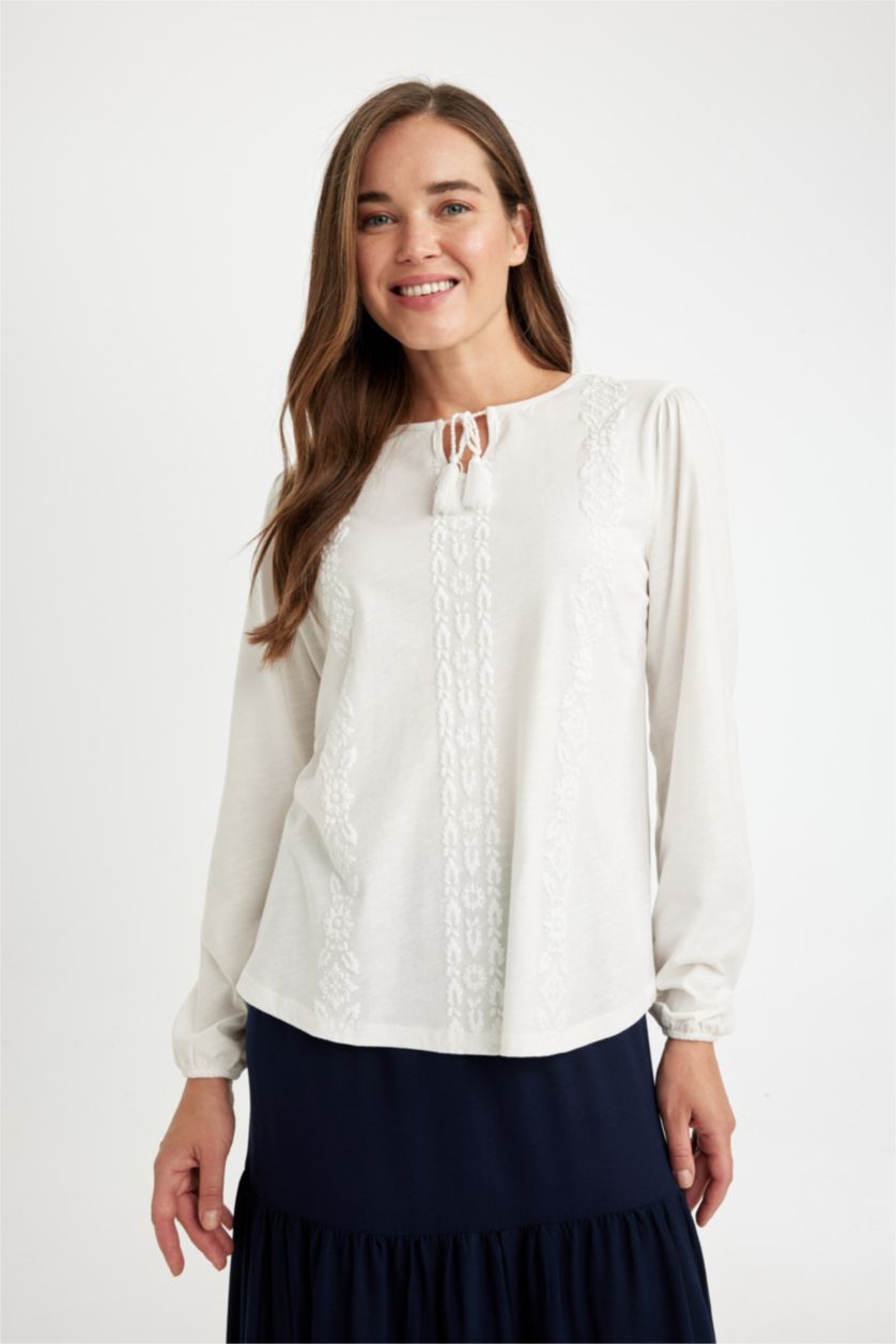 Woman Ecru Regular Fit Cotton Long Sleeve T-Shirt